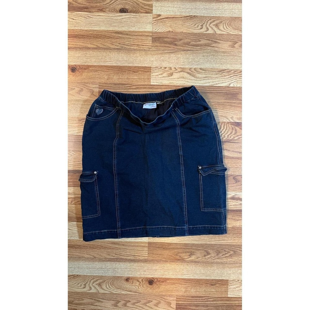 Quacker Factory DreamJeannes Dark Wash Denim Cargo‎ Mini Skirt Elastic Waist Med